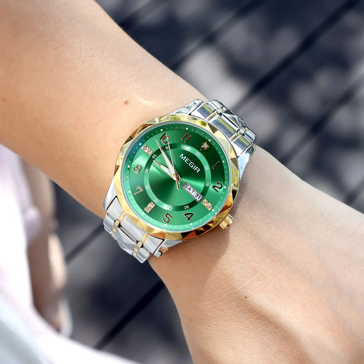 MEGIR Elegant Simple Style Men Quartz Watch with Date Day Display Fashion Stainless Steel Strap Alloy Case Ladies Wristwatch