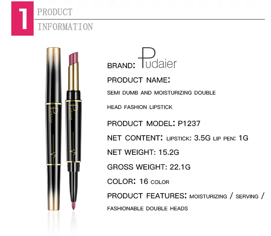 Pudaier Makeup 2 in 1 Matte Lipstick & Lip Liner Nude Lip Stick Pencil Make up Cosmetics Lip Balm Matt Cream Lipbalm Lipliner