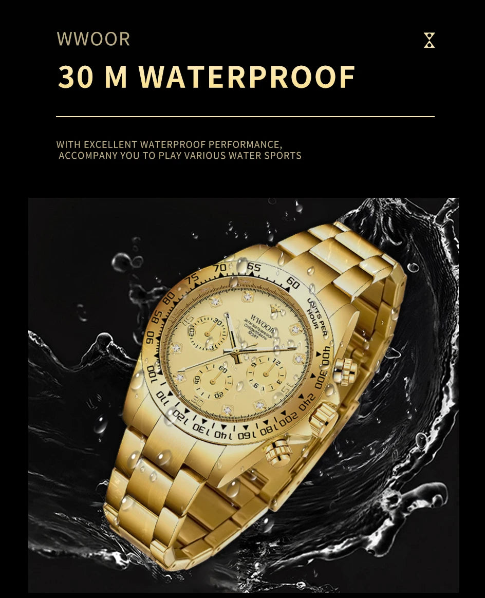 WWOOR 2024 New Mens Watches Top Brand Quartz Japanese Chronograph Stopwatch Waterproof Stainless Wristwatches Relogio Masculino