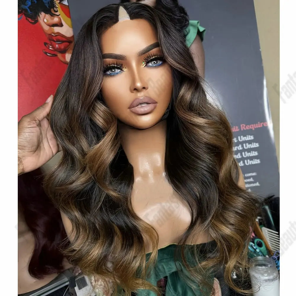 Natural Human Hair V Part Wig for Black Women Adjustable Honey Brown Balayage Loose Wave1*4Size U Part Wigs with Clips Easy Wear