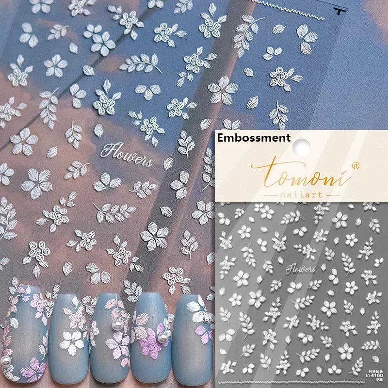 Yellow Autumn Osmanthus Flower Chrysanthemum Butterfly 5D Nail Art Sticker Chinese Character Vase Relief Adhesive Manicure Decal