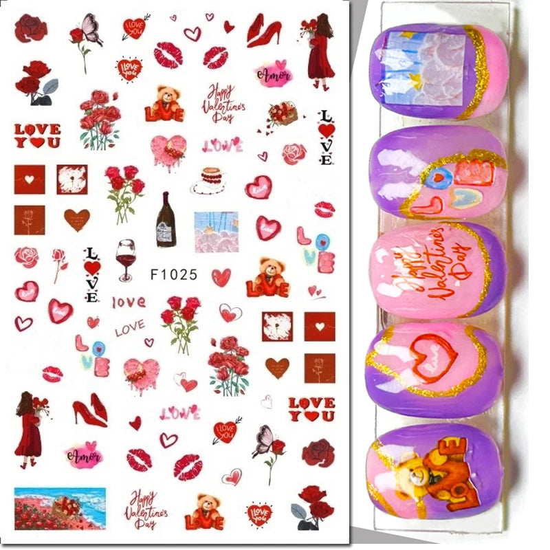 3d Pink Hearts Balloon Valentine Day Love Letters Nail Art Stickers Adhesive Sliders Nail Decals Decoration Manicure Accessories