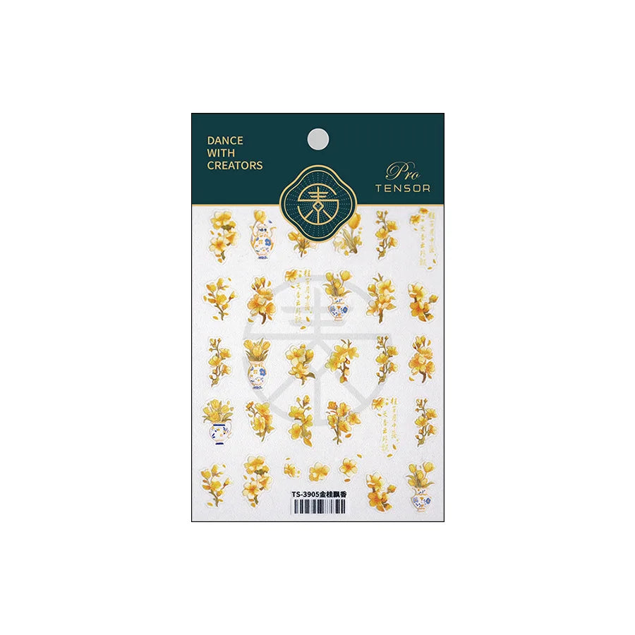 Yellow Autumn Osmanthus Flower Chrysanthemum Butterfly 5D Nail Art Sticker Chinese Character Vase Relief Adhesive Manicure Decal