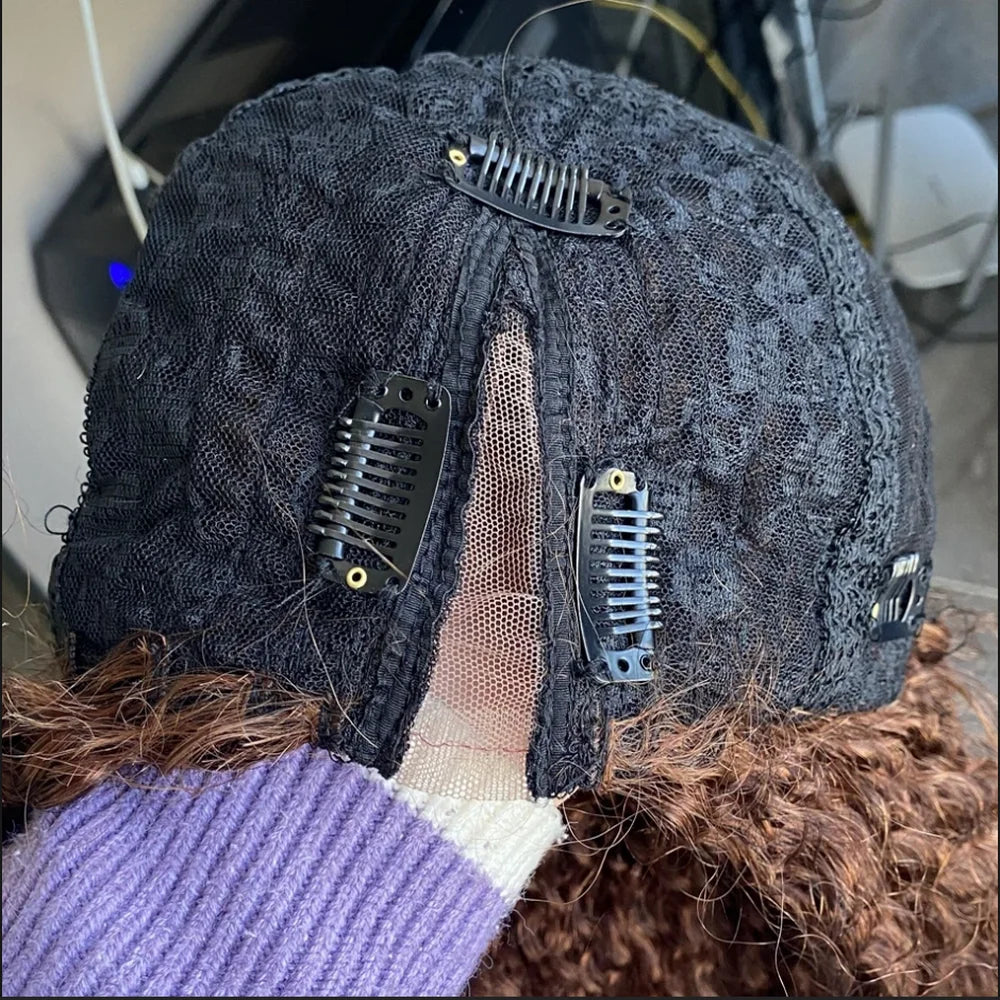 Natural Human Hair V Part Wig for Black Women Adjustable Honey Brown Balayage Loose Wave1*4Size U Part Wigs with Clips Easy Wear