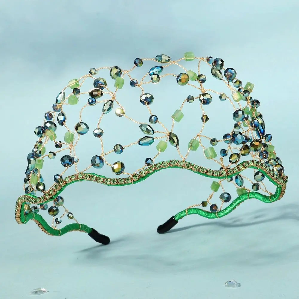 Handmade Crystal Beads Hair Net Crown Wedding Headpieces Hair Jewelry Sparkling Rhinestone Tiara Hair Hoop Elegant Headbands