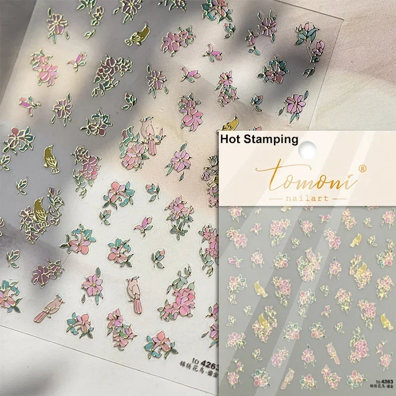 Yellow Autumn Osmanthus Flower Chrysanthemum Butterfly 5D Nail Art Sticker Chinese Character Vase Relief Adhesive Manicure Decal