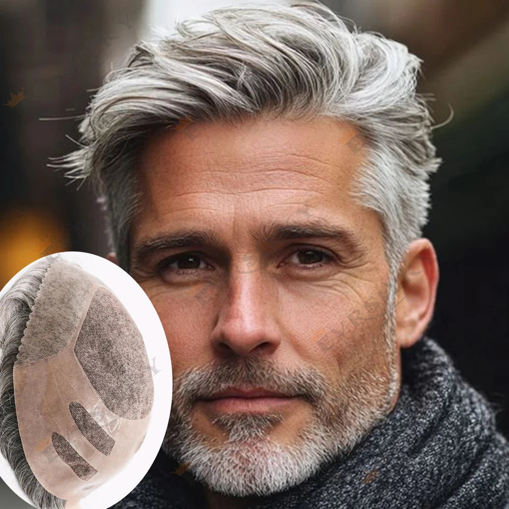 Realistic Men's Toupee Durable NPU Bond Gray Male Human Hair Prosthesis Capillary System Natural Hairline Comfortable Fine Mono