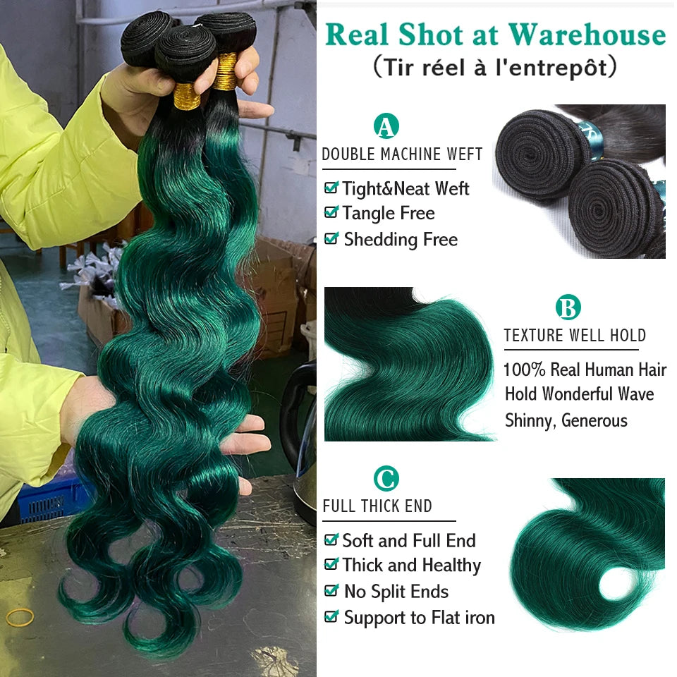 Ombre Green Bundles With Frontal Brazilian Body Wave Turquoise Color Human Hair Weave 3 Pcs With 13x4 Transaparent Lace Frontal