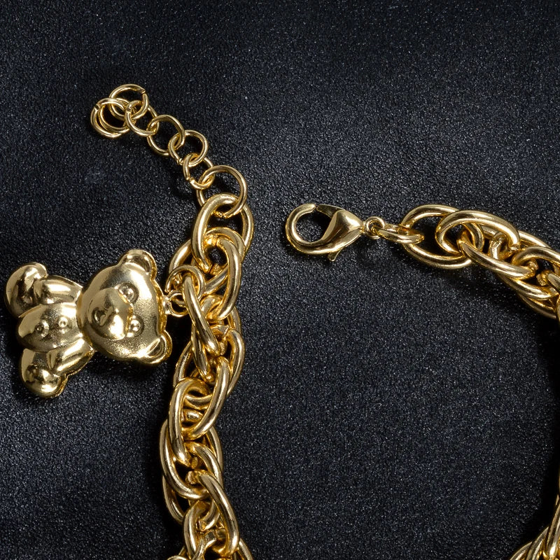 Cute Bear Heart Lock Matching Bracelets Set for Girls Teens Gold Plated Adjustable Bangle Best Friend Gift for Party