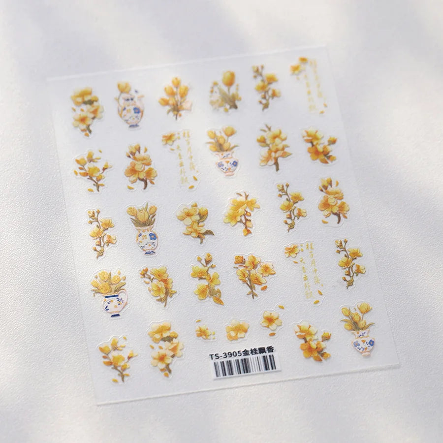 Yellow Autumn Osmanthus Flower Chrysanthemum Butterfly 5D Nail Art Sticker Chinese Character Vase Relief Adhesive Manicure Decal
