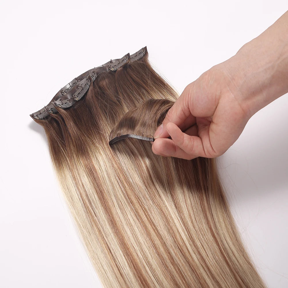 Wholesale Real Clip ins Russian Human Hair 100% Remy Hair Raw Pu Natural Straight Invisible Seamless Clip in Hair Extension