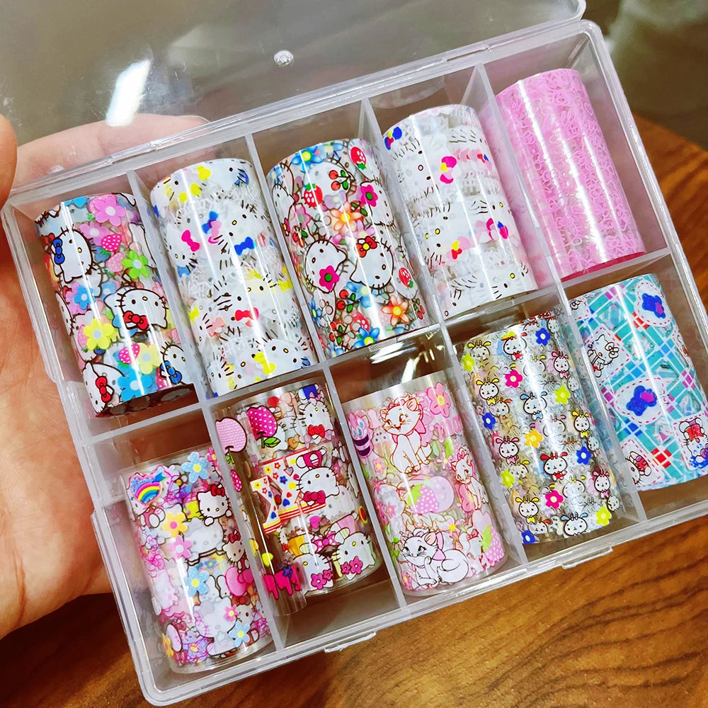 10Rolls Cartoon Hello Kitty Nail Art Transfer Foil Cute Kitty Cat&Kuromi Nail Foil Sticker Y2K Manicure KT Cat Transfer Decal &*