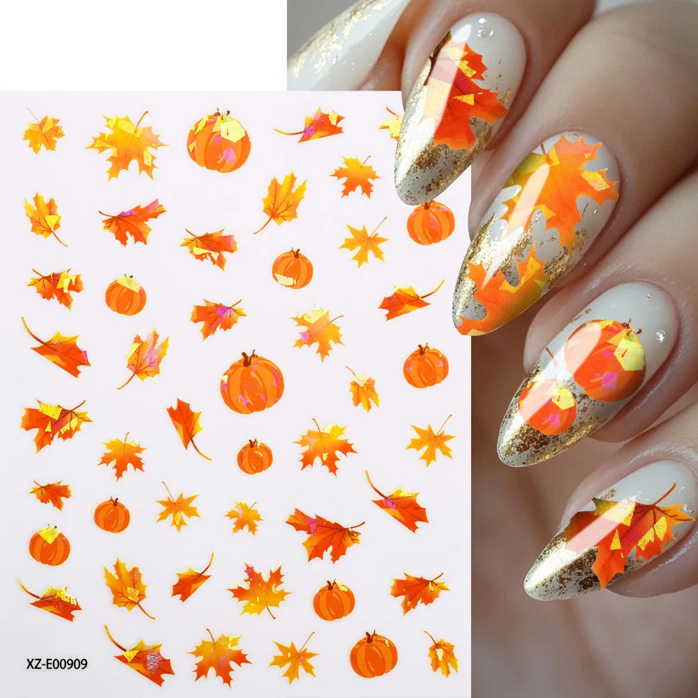 12Pcs Fall Maple Leaf Nail Decals Holographic Laser Maple Leaves Nail Art Sticker Self-Adhesive Thanksgiving Day Nail Decoration