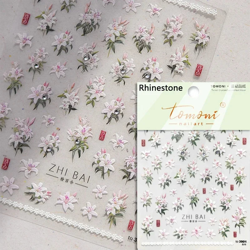 Yellow Autumn Osmanthus Flower Chrysanthemum Butterfly 5D Nail Art Sticker Chinese Character Vase Relief Adhesive Manicure Decal