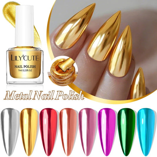 LILYCUTE 7ML Bright Gold Metallic Nail Polish No Need Lamp Quick Dry French Style Glass Bottle Manicure Nail Art Varnish