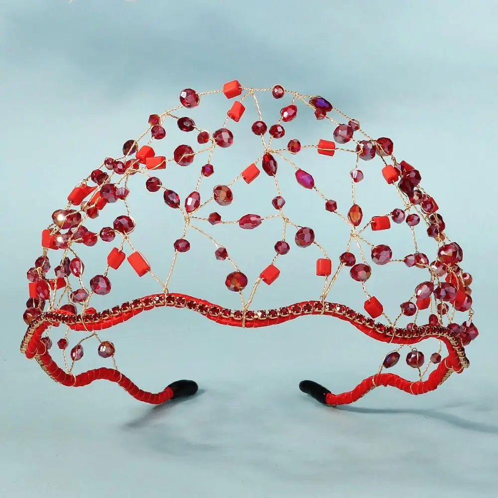 Handmade Crystal Beads Hair Net Crown Wedding Headpieces Hair Jewelry Sparkling Rhinestone Tiara Hair Hoop Elegant Headbands