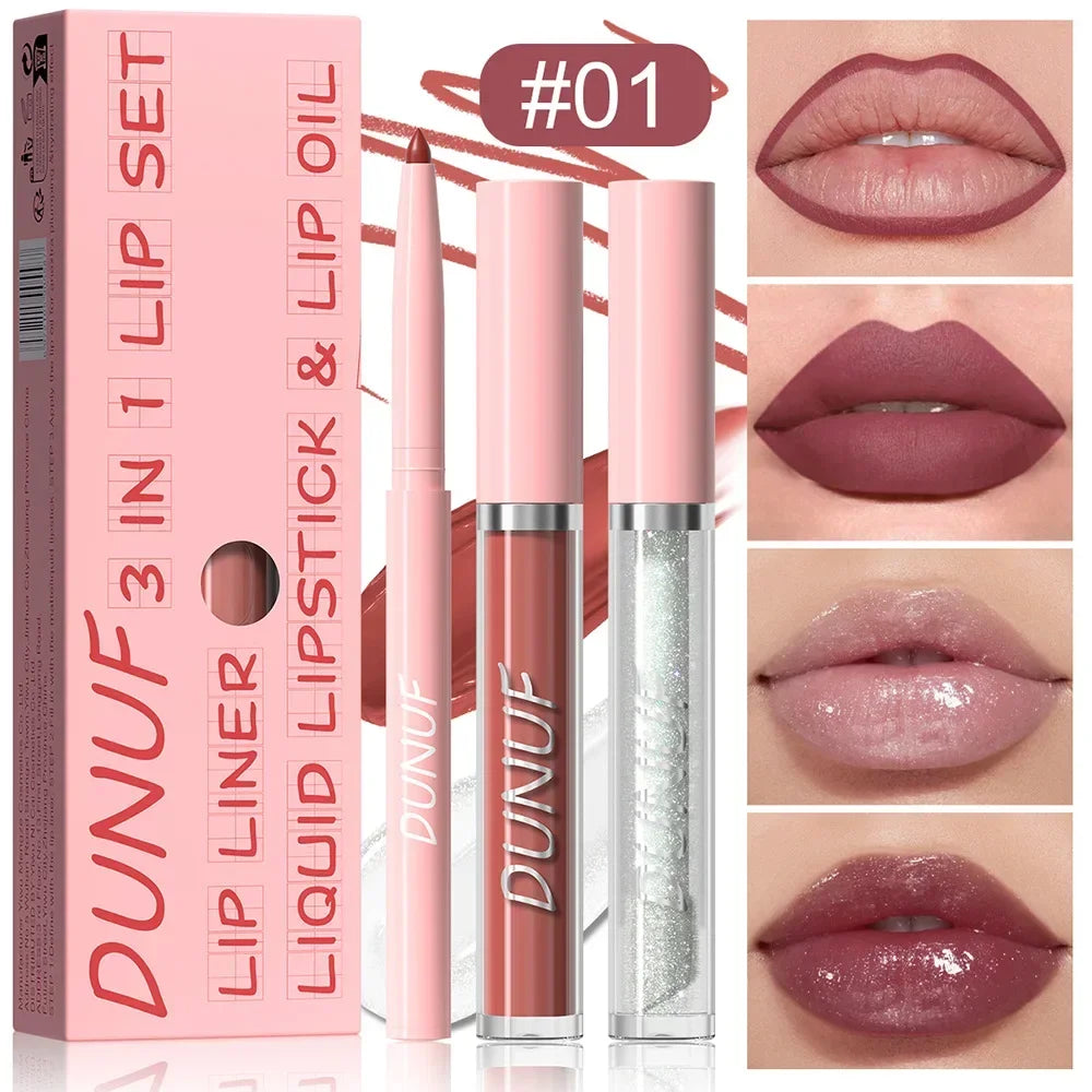 DUNUF 3 In 1 Matte Lipglaze Lip Liner Moisturize Clear Lip Oil Set Cosmetics Waterproof Long lasting Plumer Mirror Lips Gloss