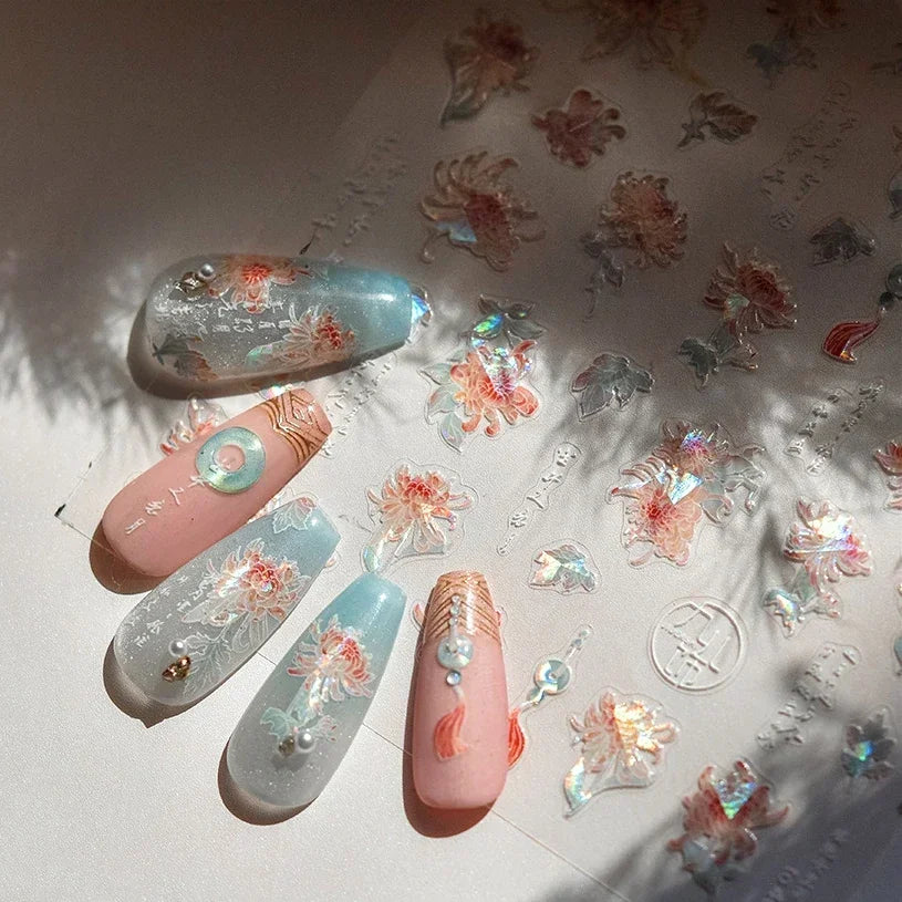 Yellow Autumn Osmanthus Flower Chrysanthemum Butterfly 5D Nail Art Sticker Chinese Character Vase Relief Adhesive Manicure Decal