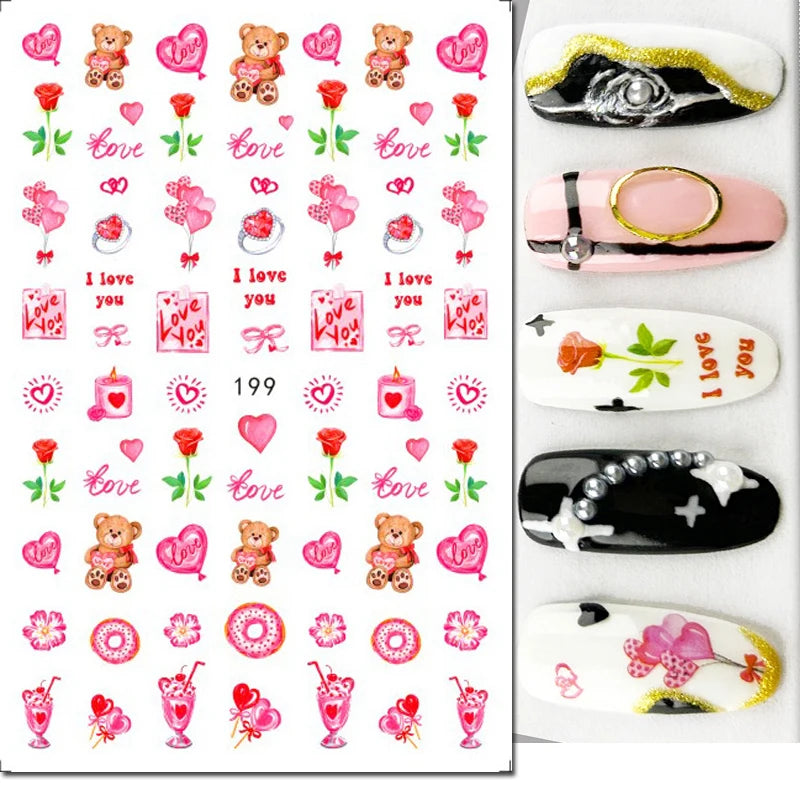3d Pink Hearts Balloon Valentine Day Love Letters Nail Art Stickers Adhesive Sliders Nail Decals Decoration Manicure Accessories
