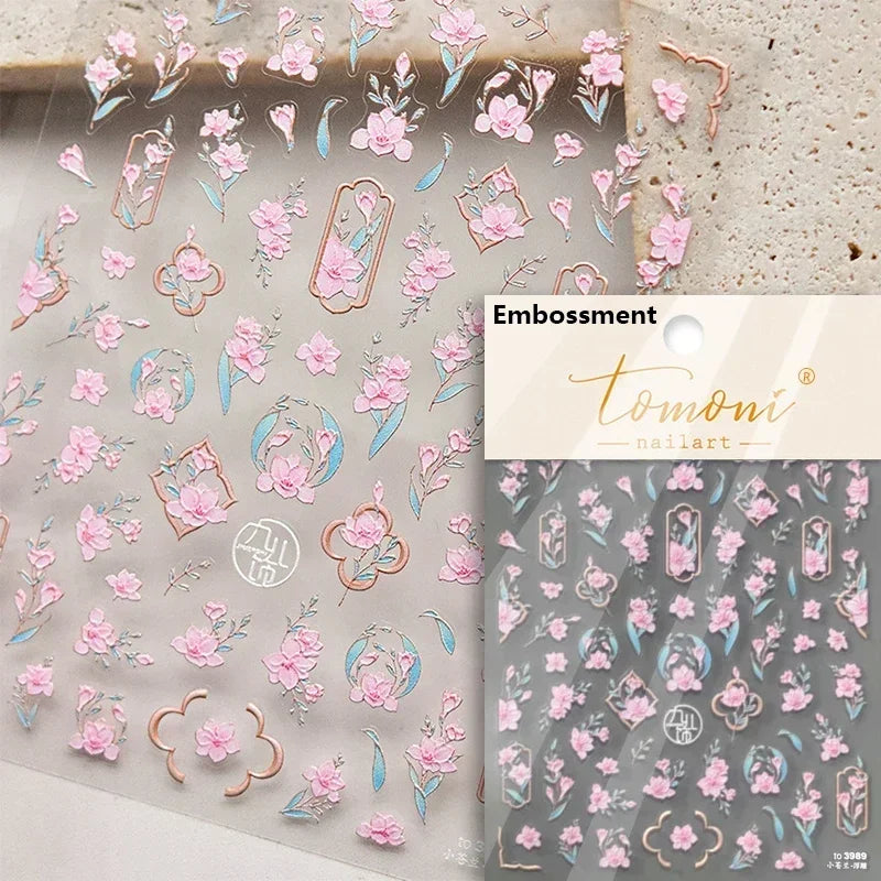 Yellow Autumn Osmanthus Flower Chrysanthemum Butterfly 5D Nail Art Sticker Chinese Character Vase Relief Adhesive Manicure Decal