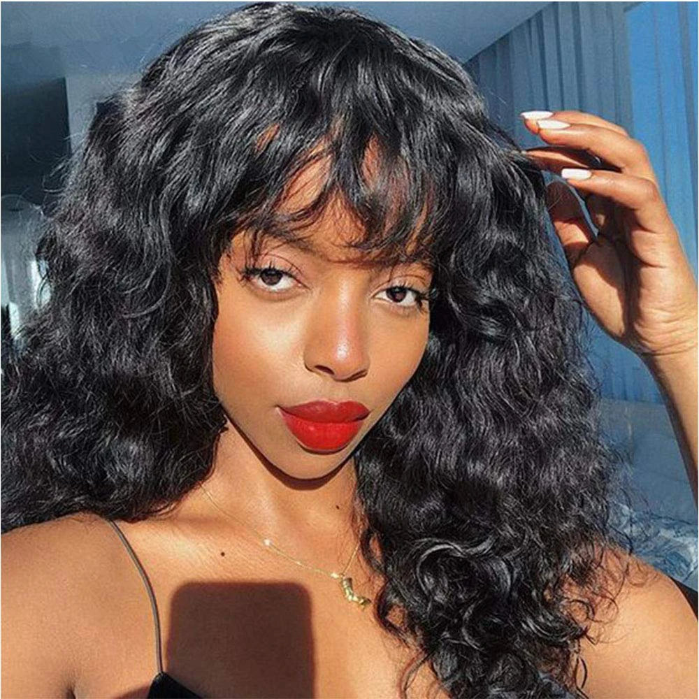 Curly Human Hair Wigs with Bangs Water wave Wig Brazilian Unprocessed Virgin Hair Machine Made Curly Human Wigs 150% Density