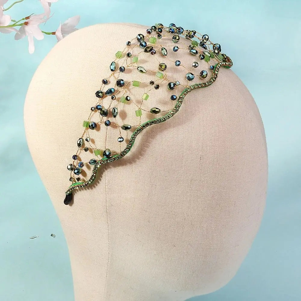 Handmade Crystal Beads Hair Net Crown Wedding Headpieces Hair Jewelry Sparkling Rhinestone Tiara Hair Hoop Elegant Headbands