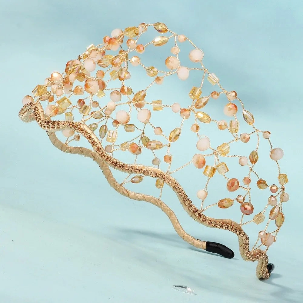 Handmade Crystal Beads Hair Net Crown Wedding Headpieces Hair Jewelry Sparkling Rhinestone Tiara Hair Hoop Elegant Headbands