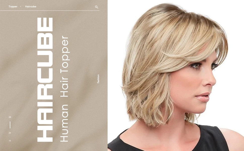 Women Human Hair Toppers Middle Part Ombre Light Brown Blonde Human Toupee Hair Pieces with Thinning Hair Base Clip in Toppers