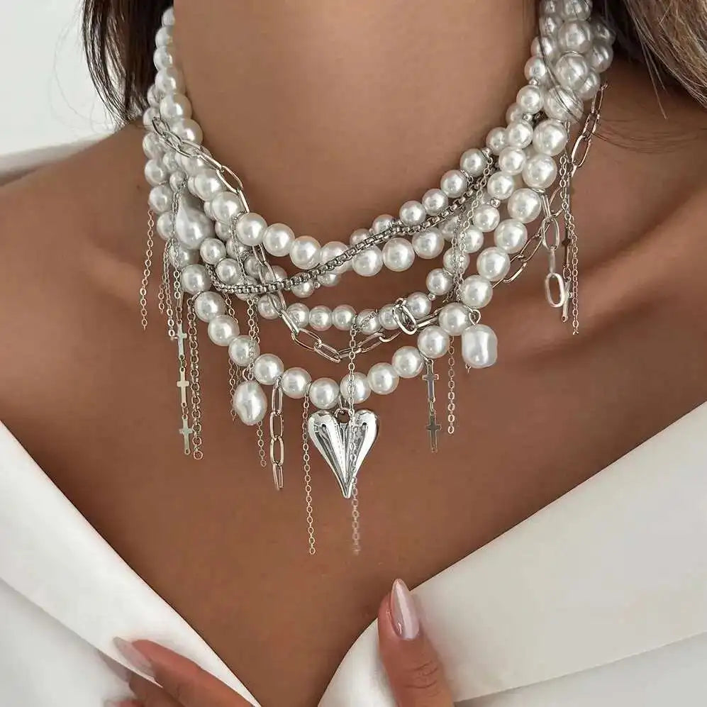 IngeSight.Z Exquisite Luxury Multilayer Imitation Pearl Tassel Choker Necklace Women New Heart Pendant Necklace Wedding Jewelry