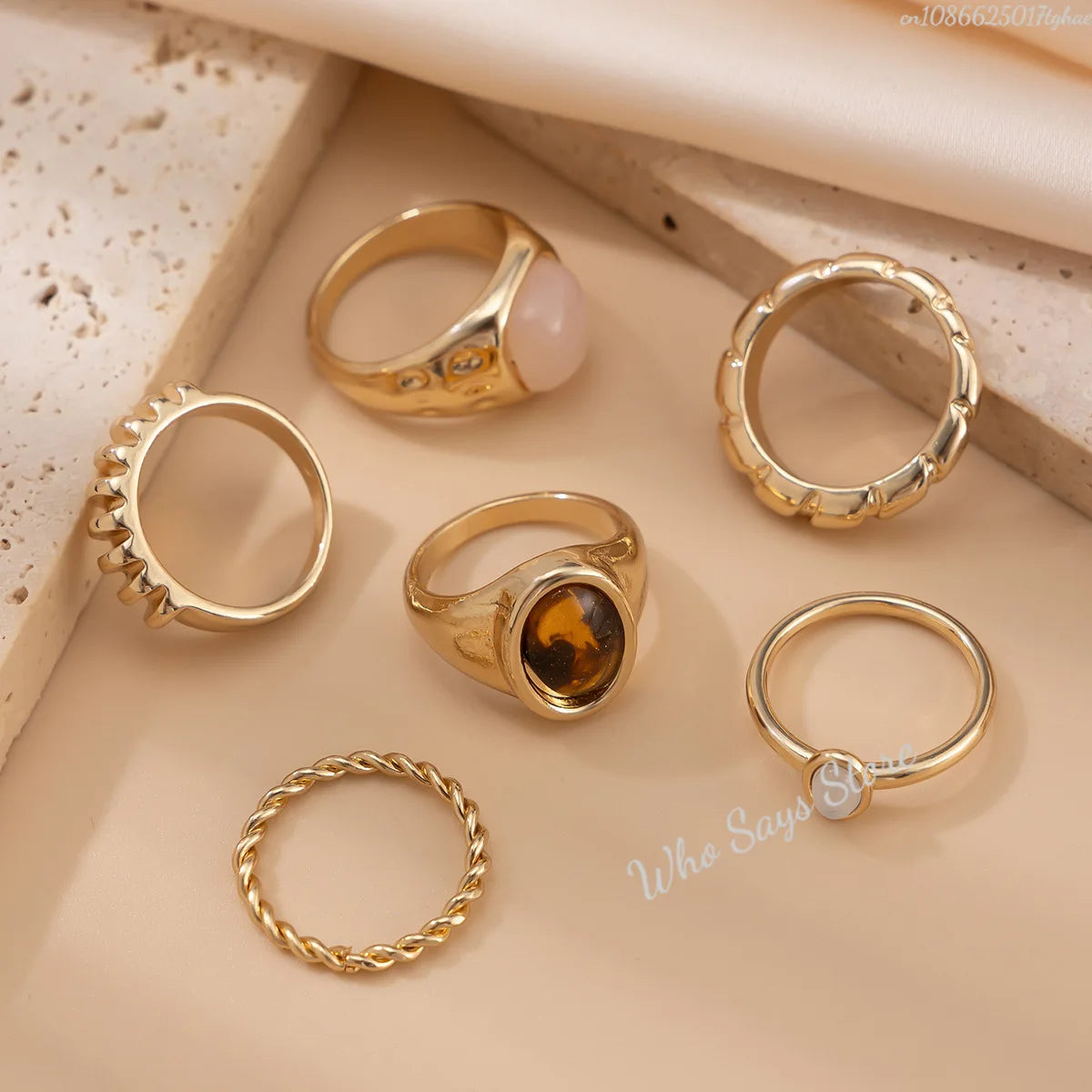 6pcs/set Tide Individuality Retro Geometric Hollowing Inlay Gem Rings SetLiquid State Metal Four-Piece Rings Set Paty Jewelry