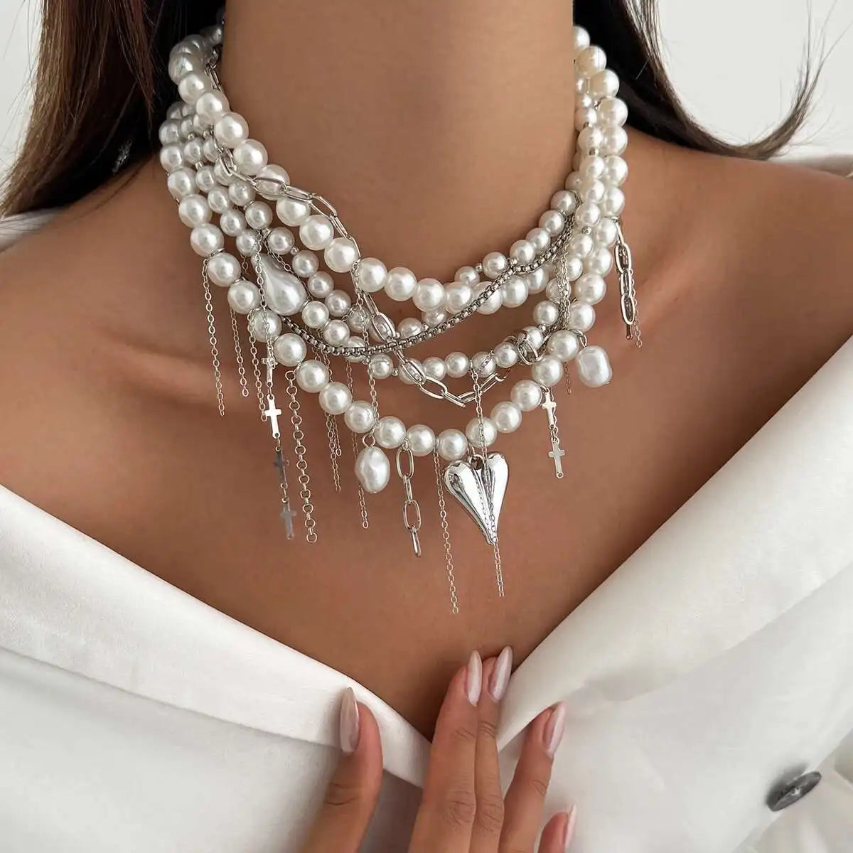 IngeSight.Z Exquisite Luxury Multilayer Imitation Pearl Tassel Choker Necklace Women New Heart Pendant Necklace Wedding Jewelry