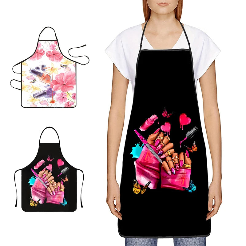 Nail Polish Printing Beauty Kitchen Women Apron Household Cleaning Pinafore Salon Home Cooking Baking Manicure Work Clothes