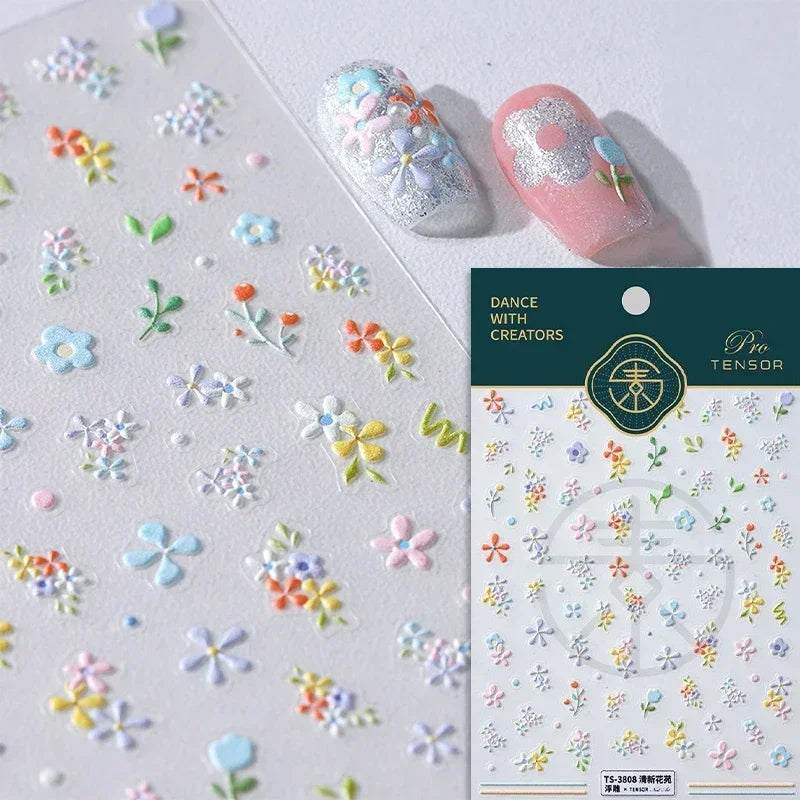 Yellow Autumn Osmanthus Flower Chrysanthemum Butterfly 5D Nail Art Sticker Chinese Character Vase Relief Adhesive Manicure Decal