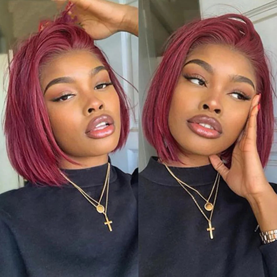 Bone Straight Short Bob Wig Human Hair Wigs For Women Burgundy 13X4 Lace Front Wigs 99J Bob Wig Brazilian Human Hair Pre Plucked