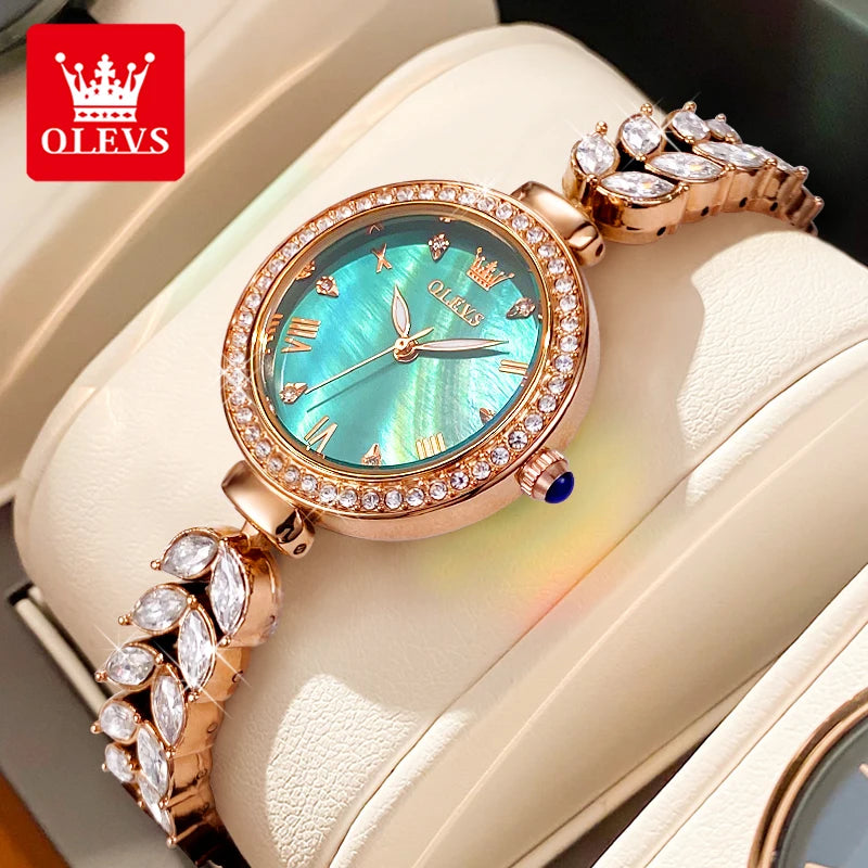OLEVS 9971 Diamond Fishbone Women  Watch Luxury Brand Quartz Watch Elegant Bracelet Set Gift Box Waterproof HD Dial Women Watch