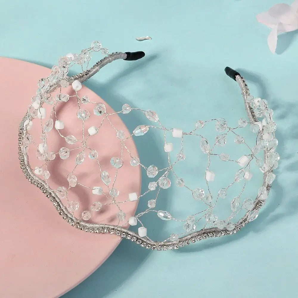 Handmade Crystal Beads Hair Net Crown Wedding Headpieces Hair Jewelry Sparkling Rhinestone Tiara Hair Hoop Elegant Headbands