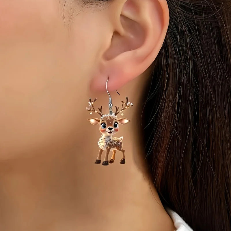 1 pair of cute and charming Christmas elk earrings, 2D acrylic cartoon earrings holiday gift