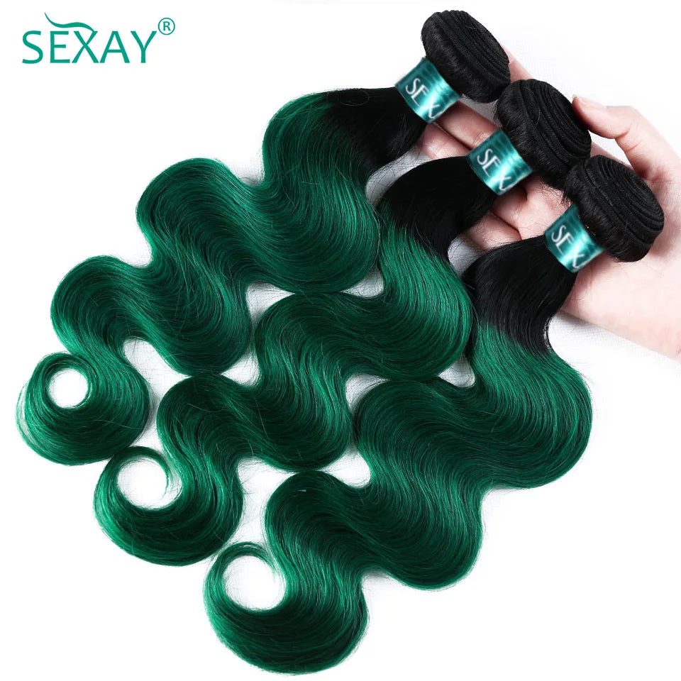 Ombre Green Bundles With Frontal Brazilian Body Wave Turquoise Color Human Hair Weave 3 Pcs With 13x4 Transaparent Lace Frontal