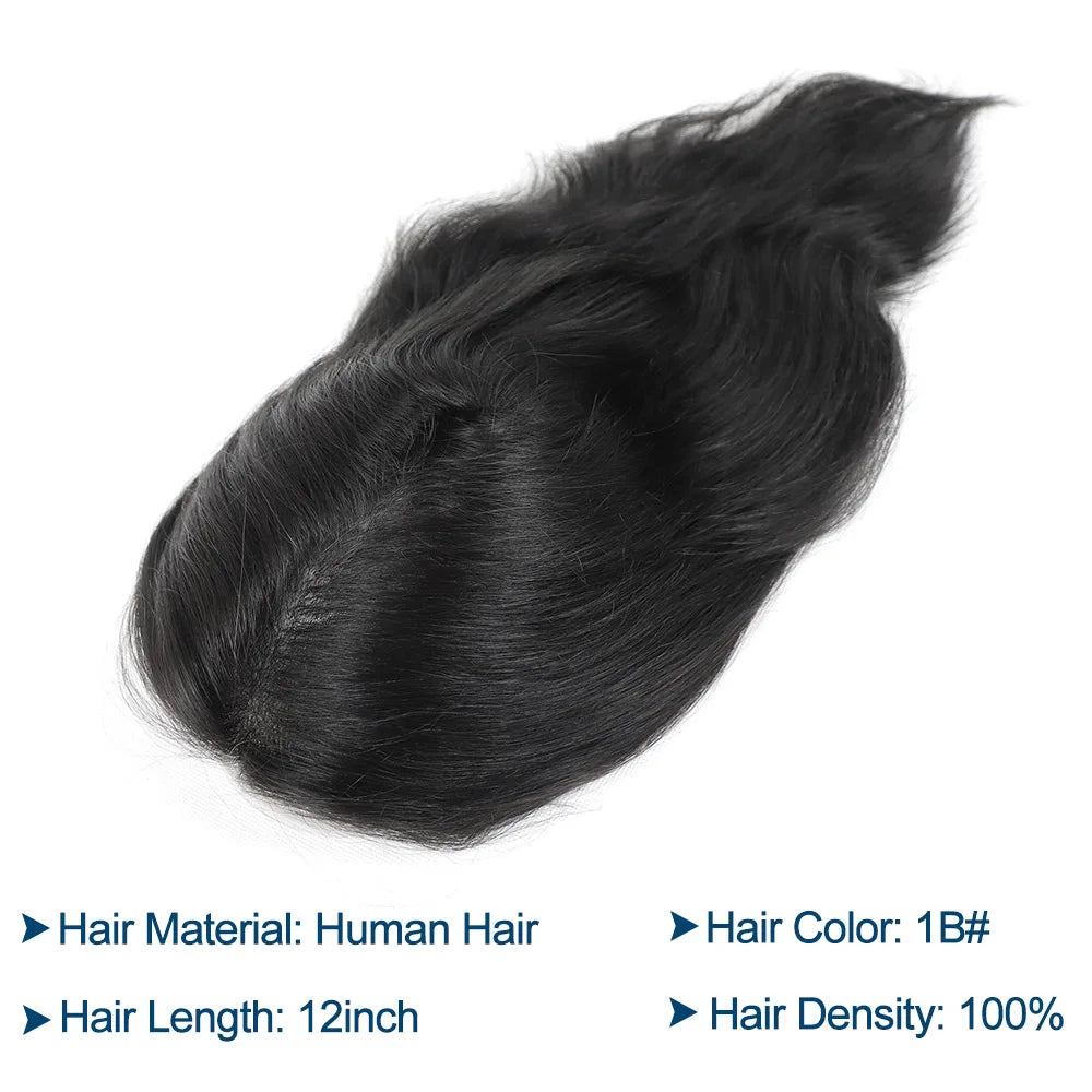 12Inch Long Hair Prosthesis Lace Front PU Toupee for Men Human Hair Natural Hairline Man's Wig Replacement System Black Brown