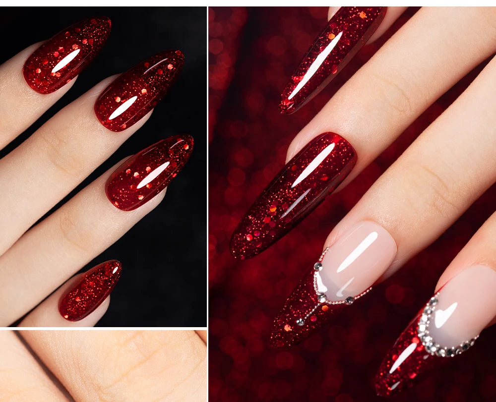 7.5ml Red Glitter Gel Nail Polish Crystal Semi Permanent Soak Off UV Gel Varnish Nail Art Manicure Base Matte Top Coat Vernis