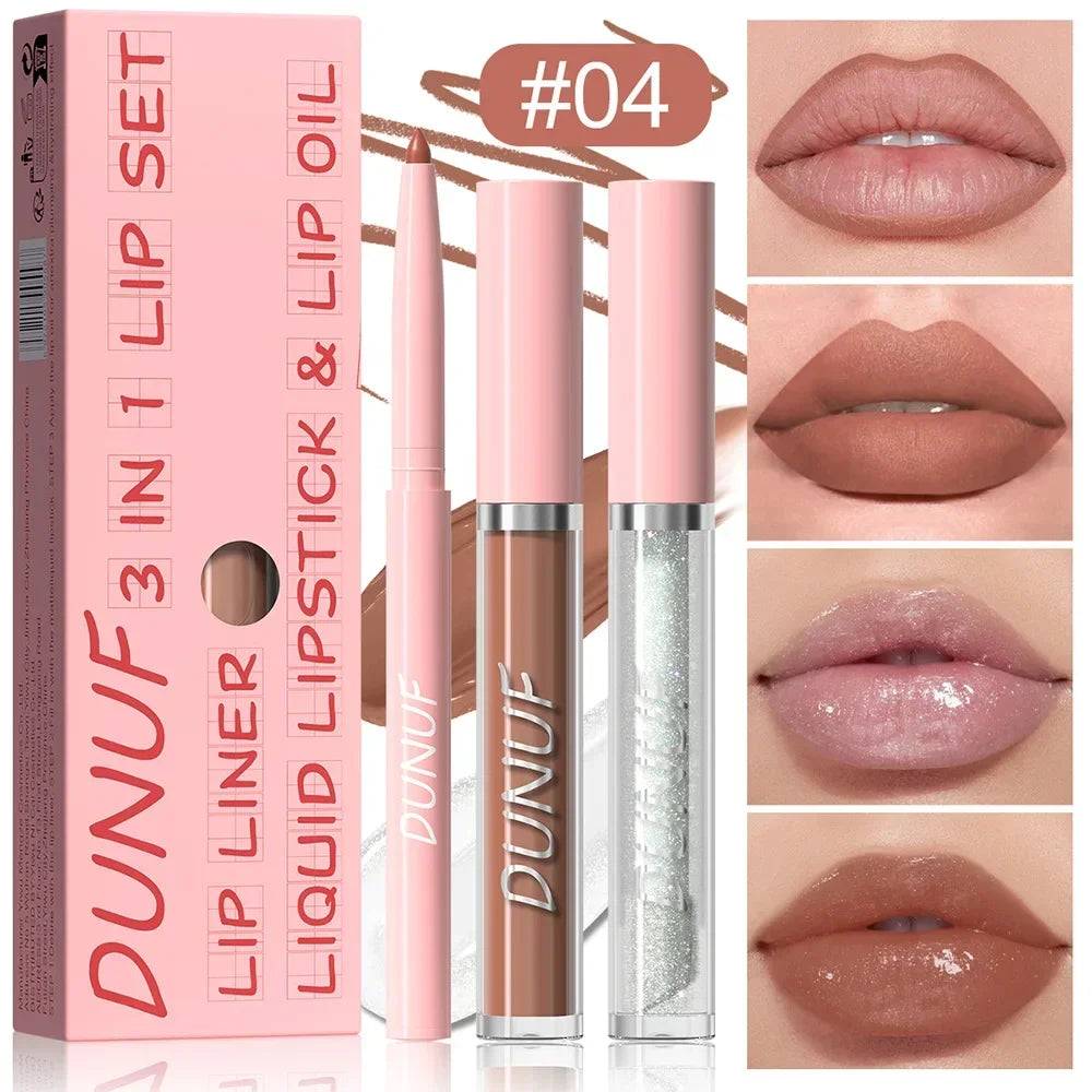 DUNUF 3 In 1 Matte Lipglaze Lip Liner Moisturize Clear Lip Oil Set Cosmetics Waterproof Long lasting Plumer Mirror Lips Gloss