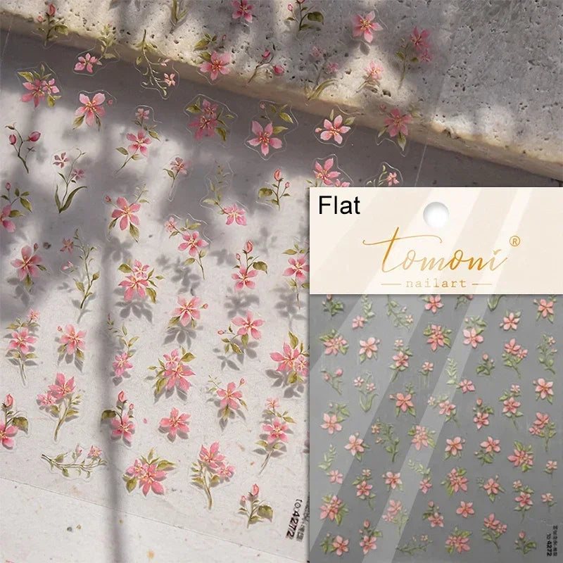 Yellow Autumn Osmanthus Flower Chrysanthemum Butterfly 5D Nail Art Sticker Chinese Character Vase Relief Adhesive Manicure Decal