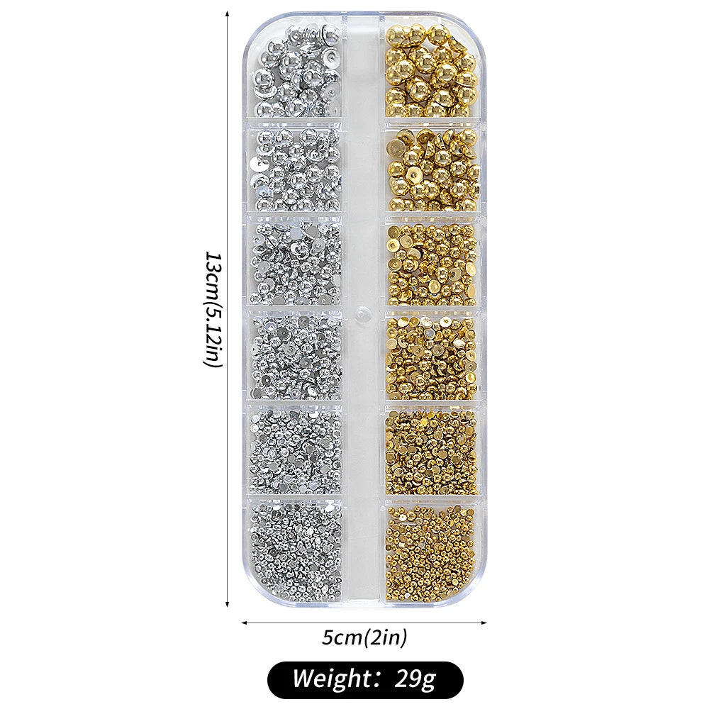 12 Grids 3D Golden Silvery Half Round Caviar Bead Nail Charms 1-5mm Flatback Micro Balls Punk Nail Beads DIY Manicure Beads Deco