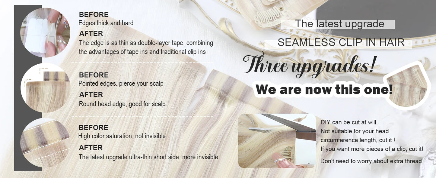 Moresoo Seamless Invisible PU Clip in Hair Extensions 100% Real Human Hair Remy Hair  PU Clip in Extensions 7PCS 105G Full Head