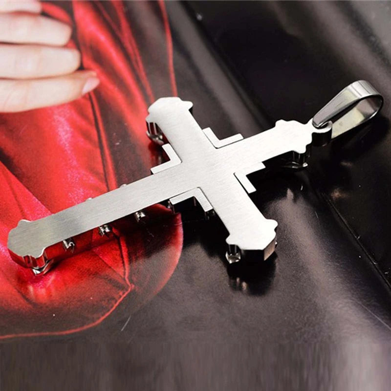 2024 New Male Crystal Cross Jesus Pendant Gold/Black/Blue Color Zirconia Cross Pendant Necklace Stainless Steel Jewelry