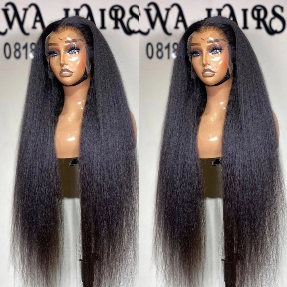 28inch Kinky Straight Human hair Wig 13X6 Transparent Lace Front Wigs Yaki Straight 180% Density Natural Black