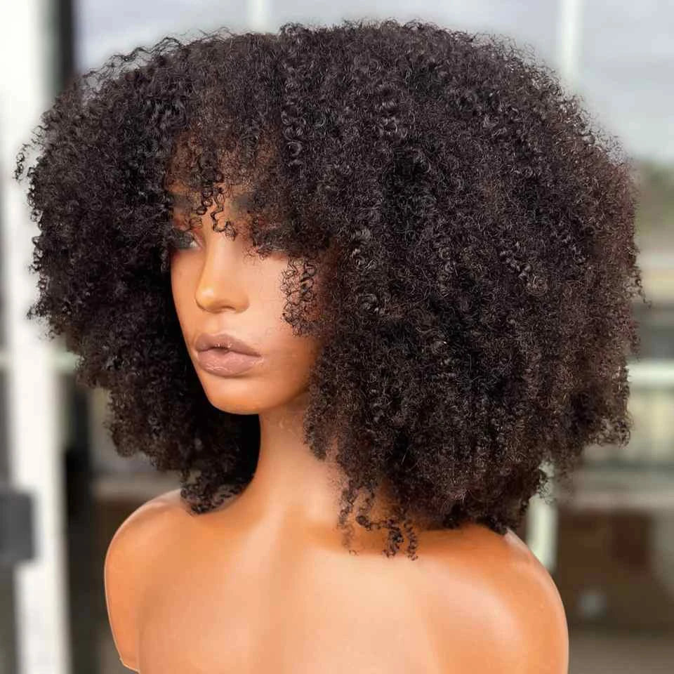 99J Short Afro Kinky Curly Bob with Bangs - Burgundy Glueless Human Hair