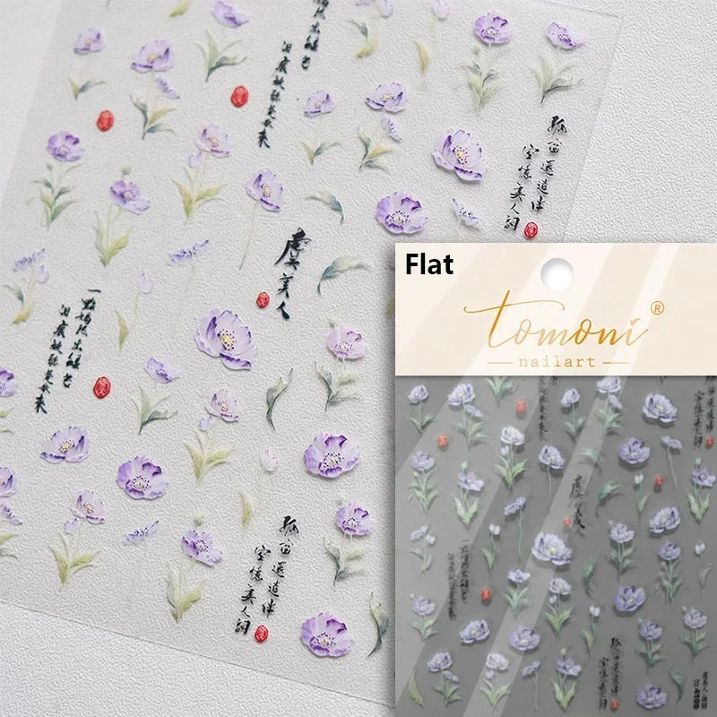 Yellow Autumn Osmanthus Flower Chrysanthemum Butterfly 5D Nail Art Sticker Chinese Character Vase Relief Adhesive Manicure Decal