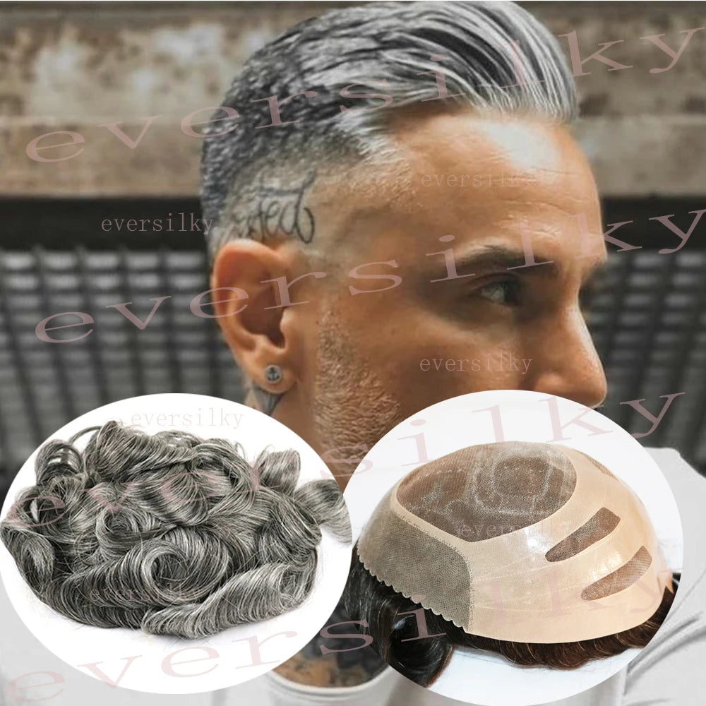 Realistic Men's Toupee Durable NPU Bond Gray Male Human Hair Prosthesis Capillary System Natural Hairline Comfortable Fine Mono