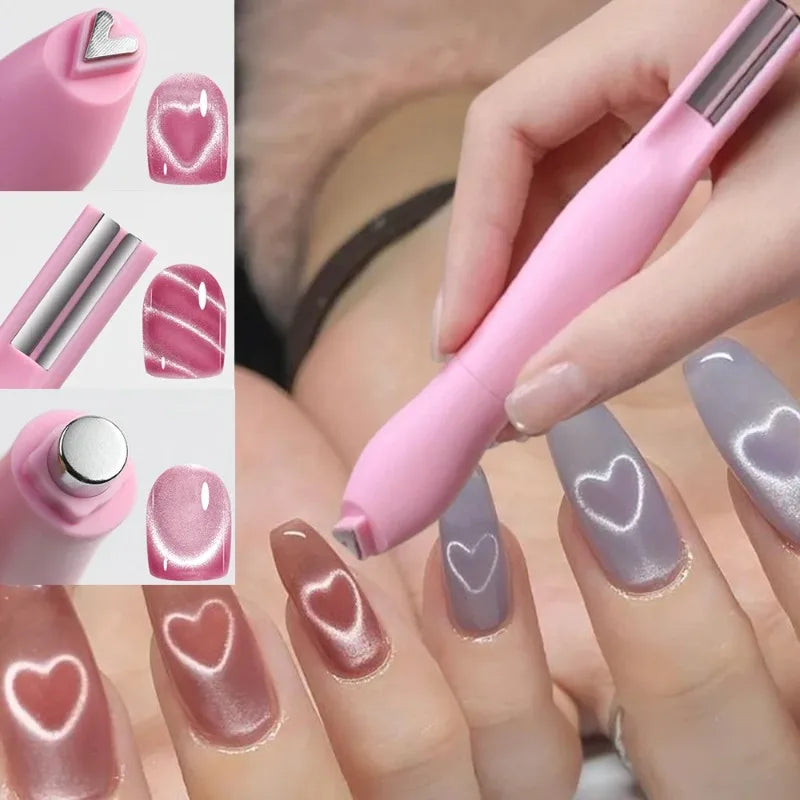 1Pcs 3-In-1 Heart Shape Cat Eye Nail Art Magnet Double Line Moon Snake Pattern French Nail Magnetic Pen Gel Polish Manicure Tool